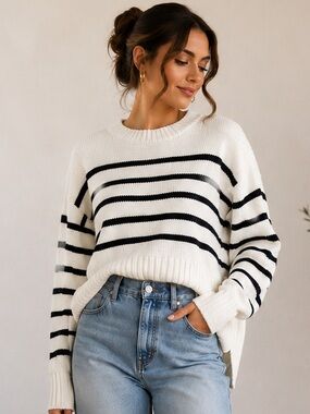 C&C California Cream & Black Striped Crewneck Sweater